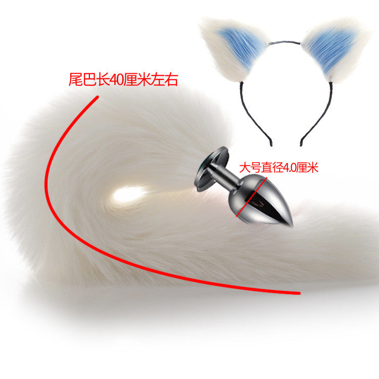 Image of 40cm All White Tail Double Erotic Fun Plush Hair Clip Ears Cosplay Makeup Metal Anal Plug Expansion